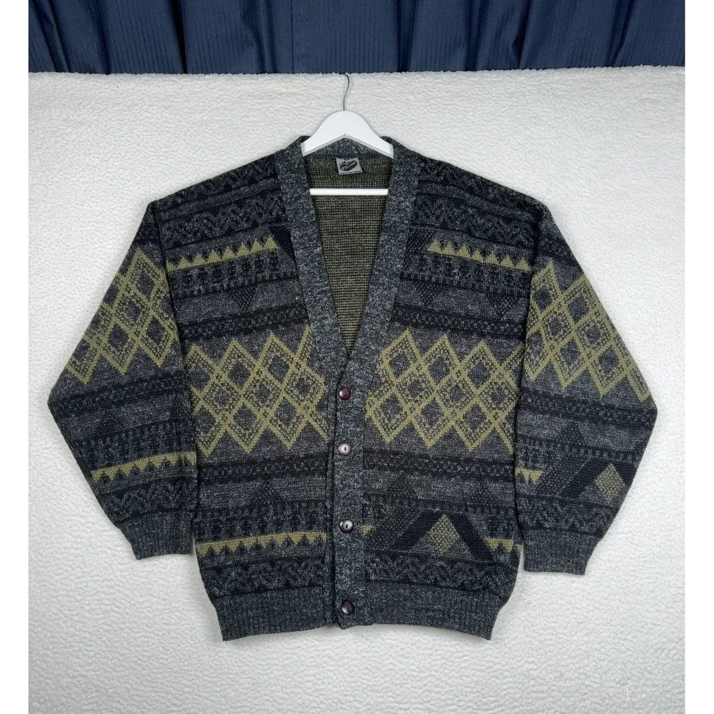 Vintage D'Laurent's Cardigan Sweater - Men's Large-Acrylic Pattern Grandpa Gray